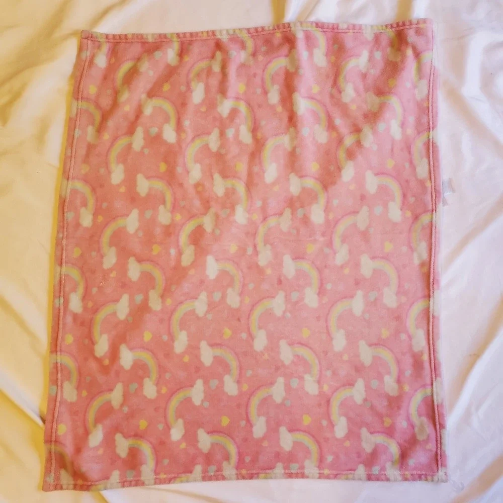 Baby Starters Rainbow Hearts‎ Baby Blanket Pink Yellow White Clouds
